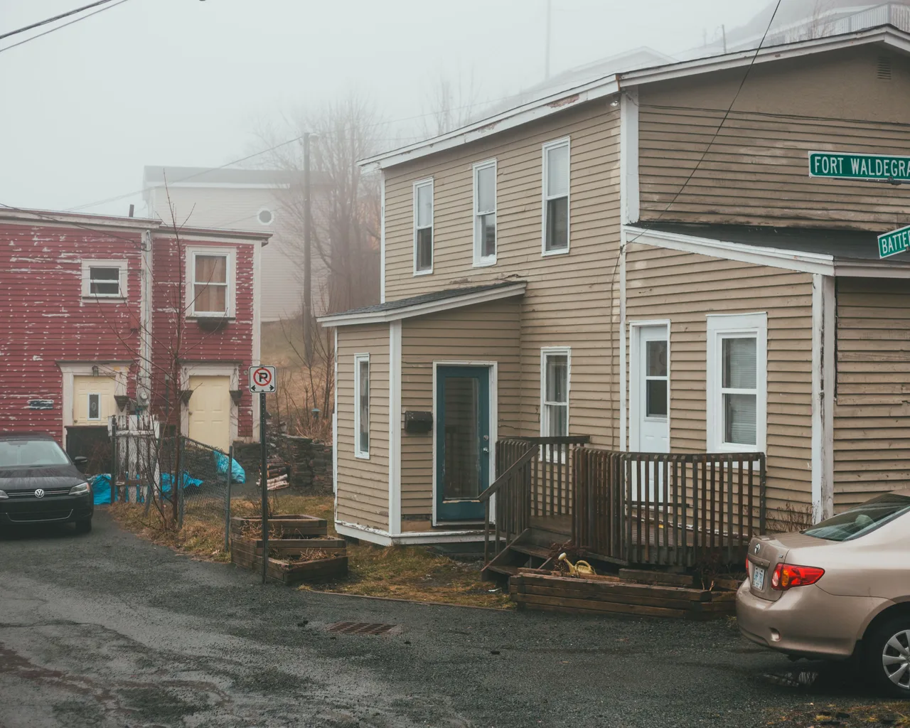 Residential homes on a foggy street in St. John's