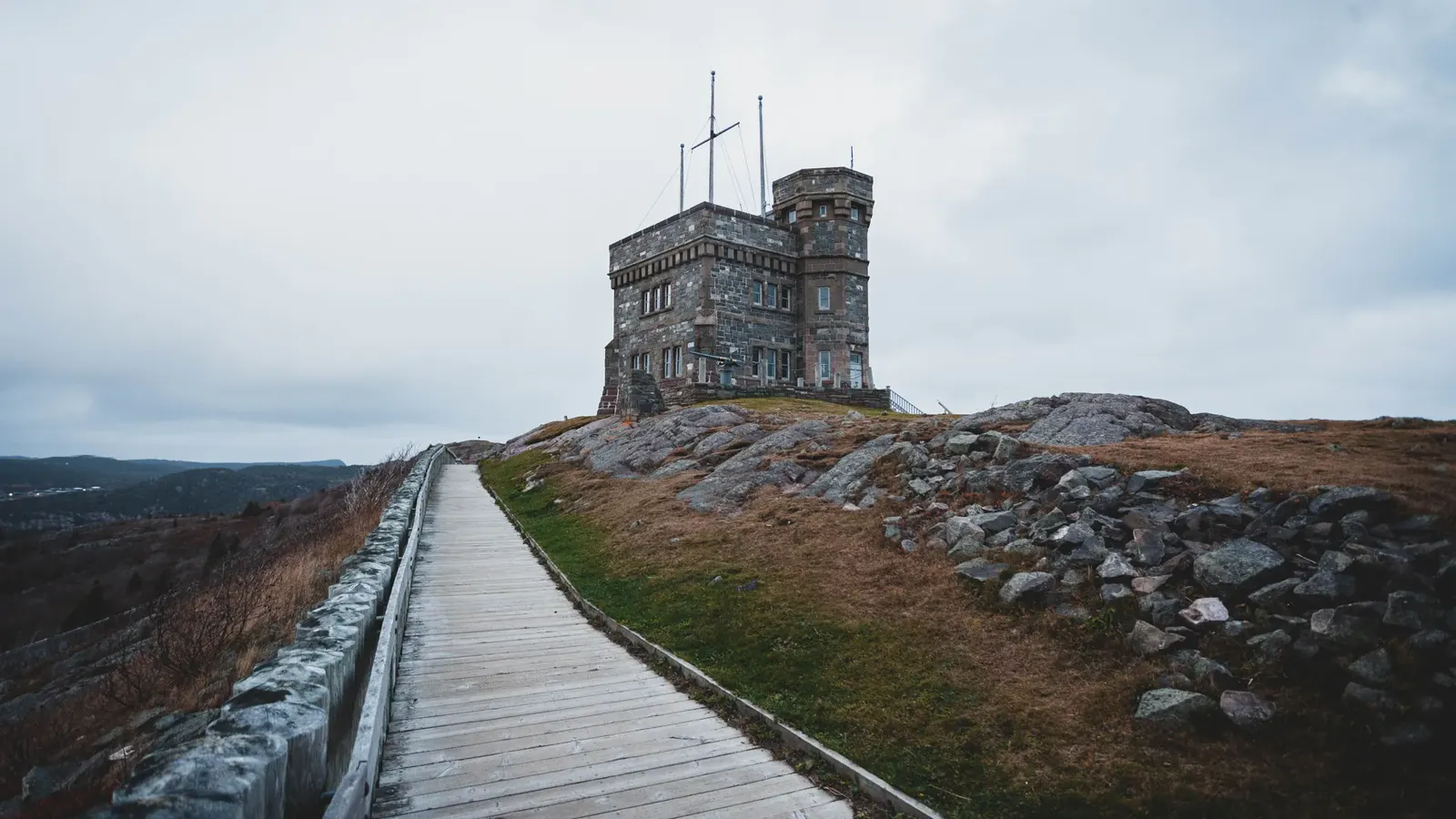 Cabot Tower on Signal Hill, St. John's, with a boardwalk leading up to it