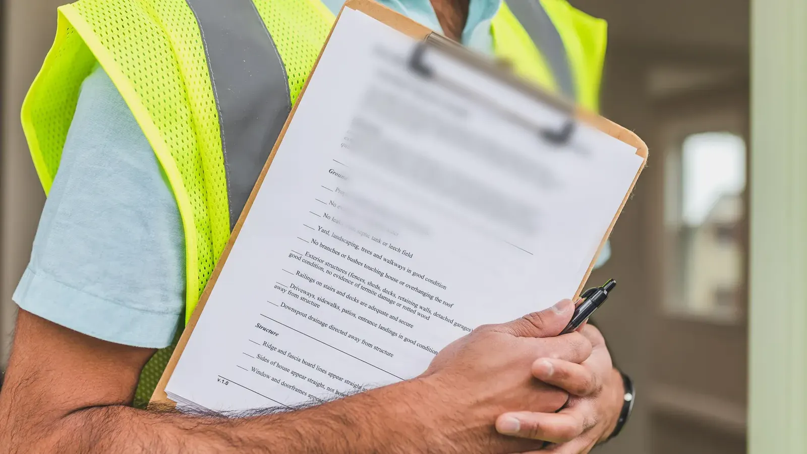 Person in a safety vest holding a home inspection checklist on a clipboard