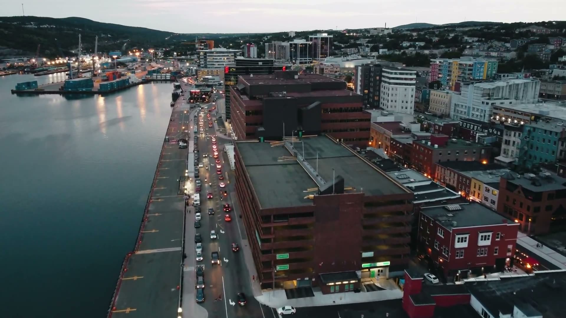 Aerial view of downtown St. John's, Newfoundland at dusk